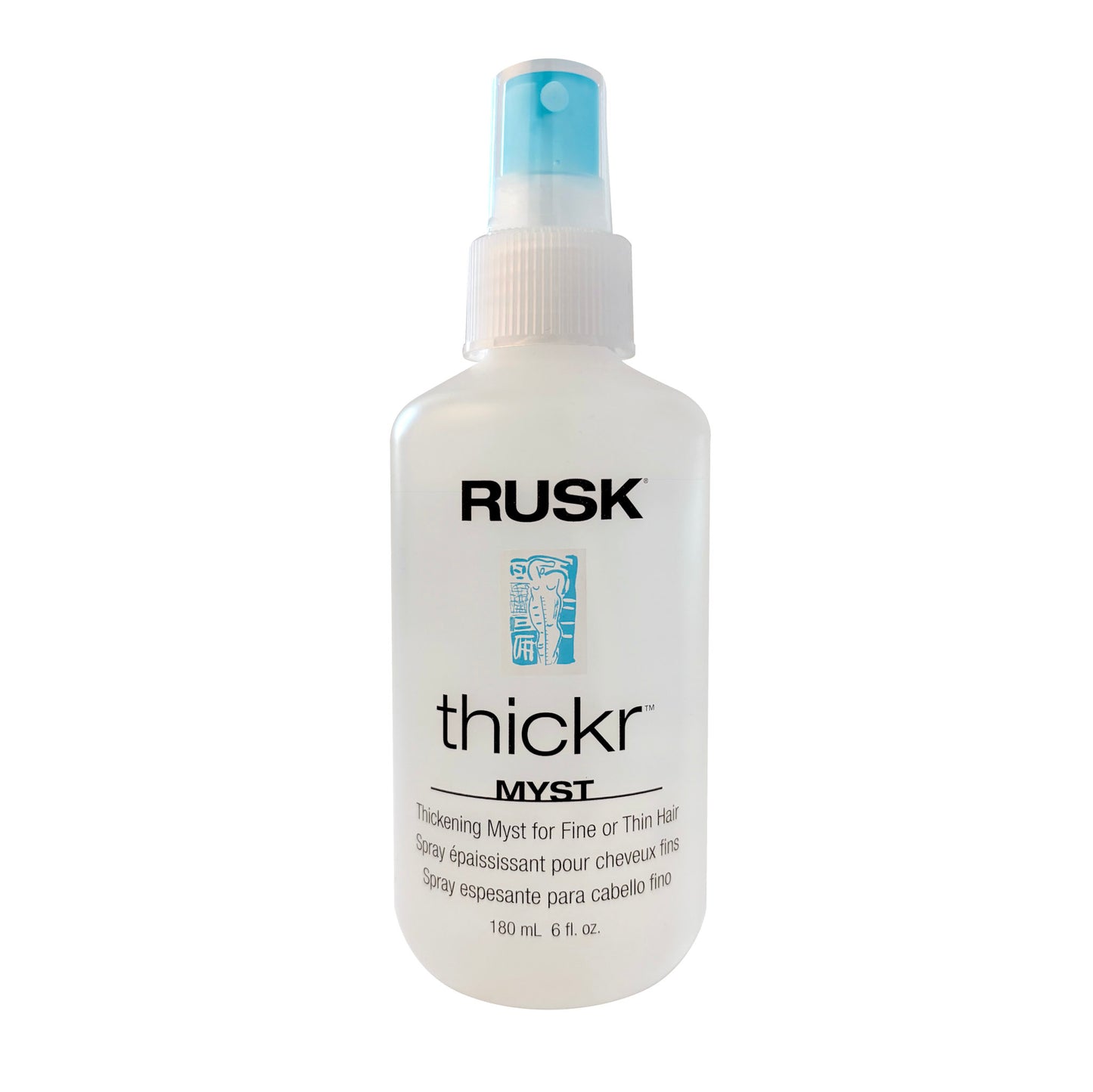 Rusk thickr MYST Thickening Myst For Fine or Thin Hair 6 FL OZ bottle on a white background