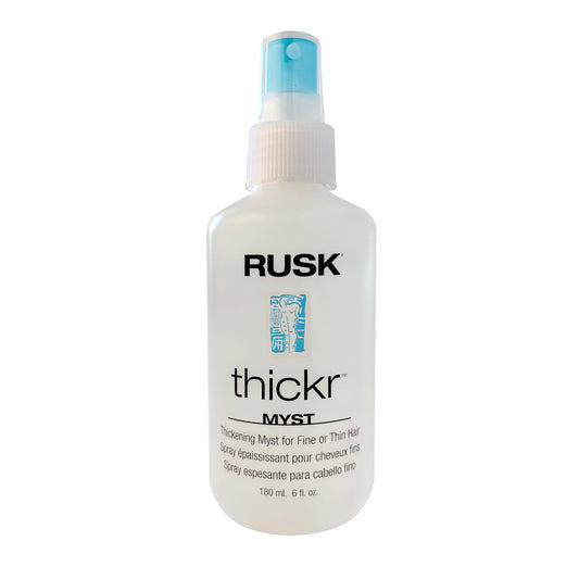Rusk thickr MYST Thickening Myst For Fine or Thin Hair 6 FL OZ bottle on a white background