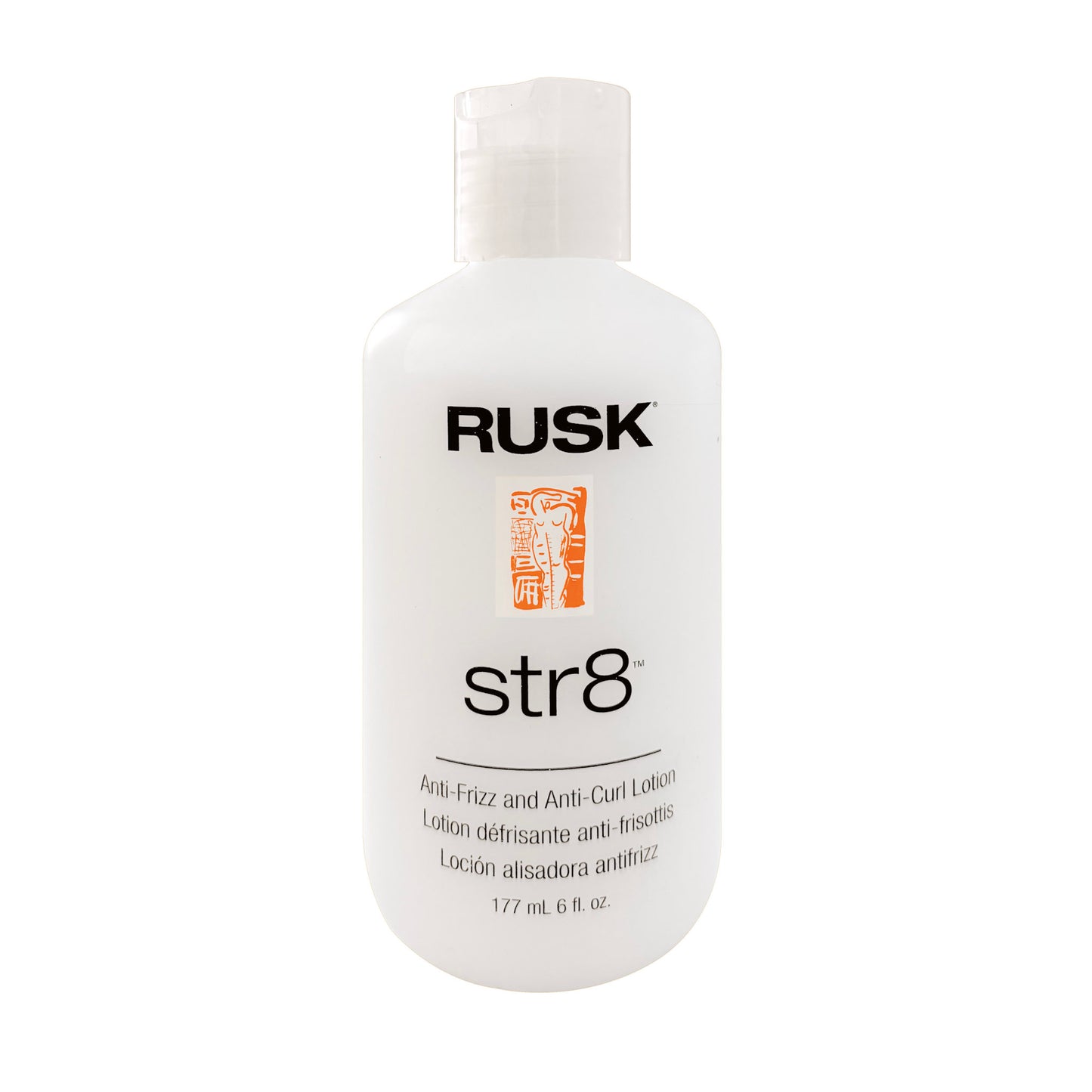 Rusk str8 anti-frizz and anti-curl lotion 6 fl oz bottle on a white background