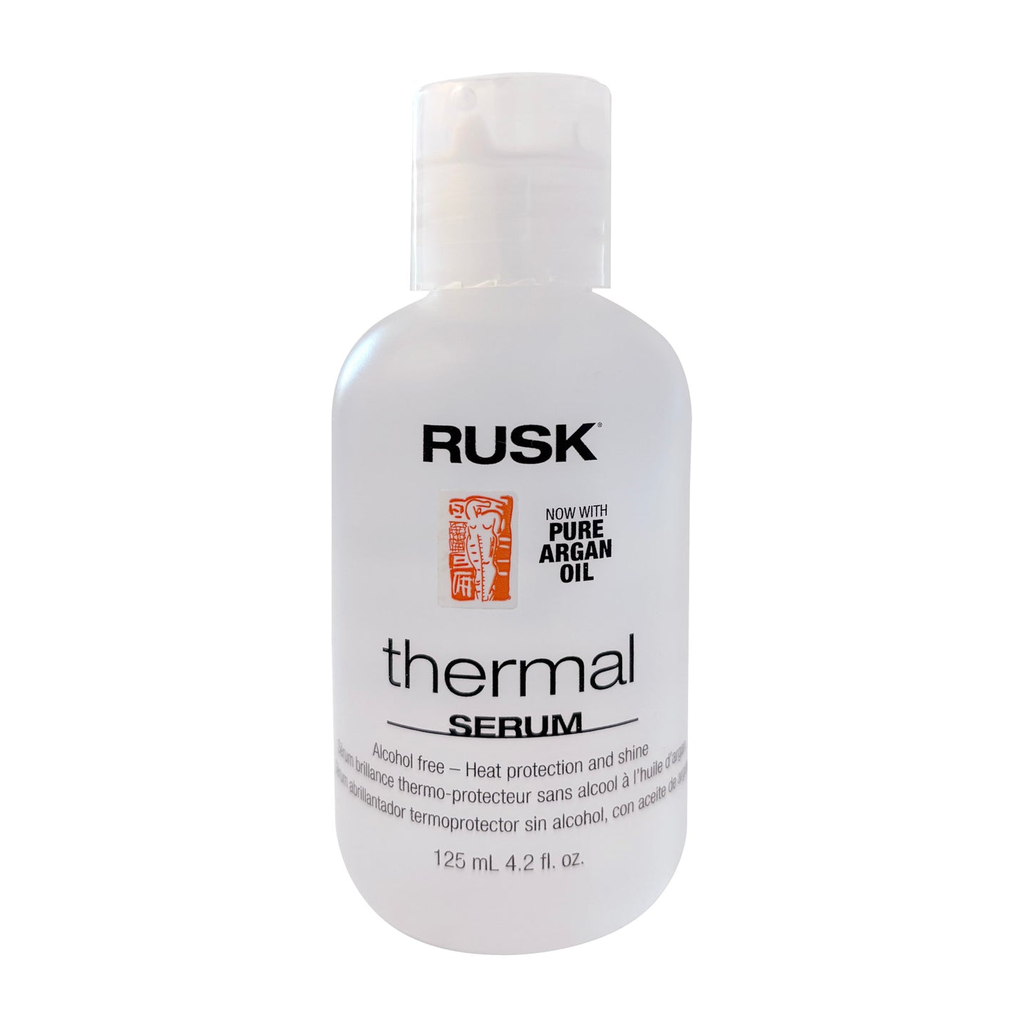 Rusk thermal serum alcohol free - heat protection and shine 4.2 FL OZ bottle on a white background