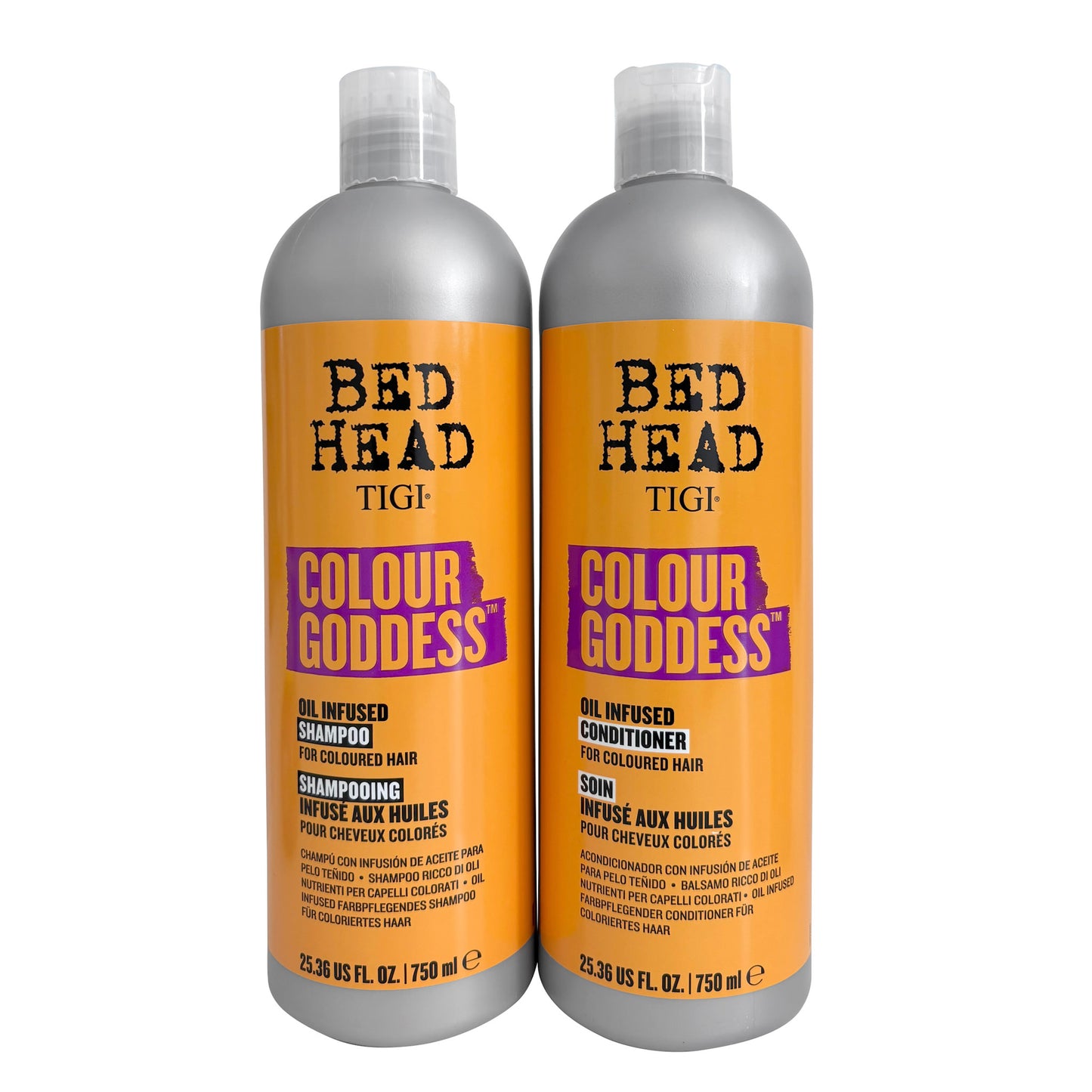 TIGI Bed Head Colour Goddess shampoo and conditioner set on a white background