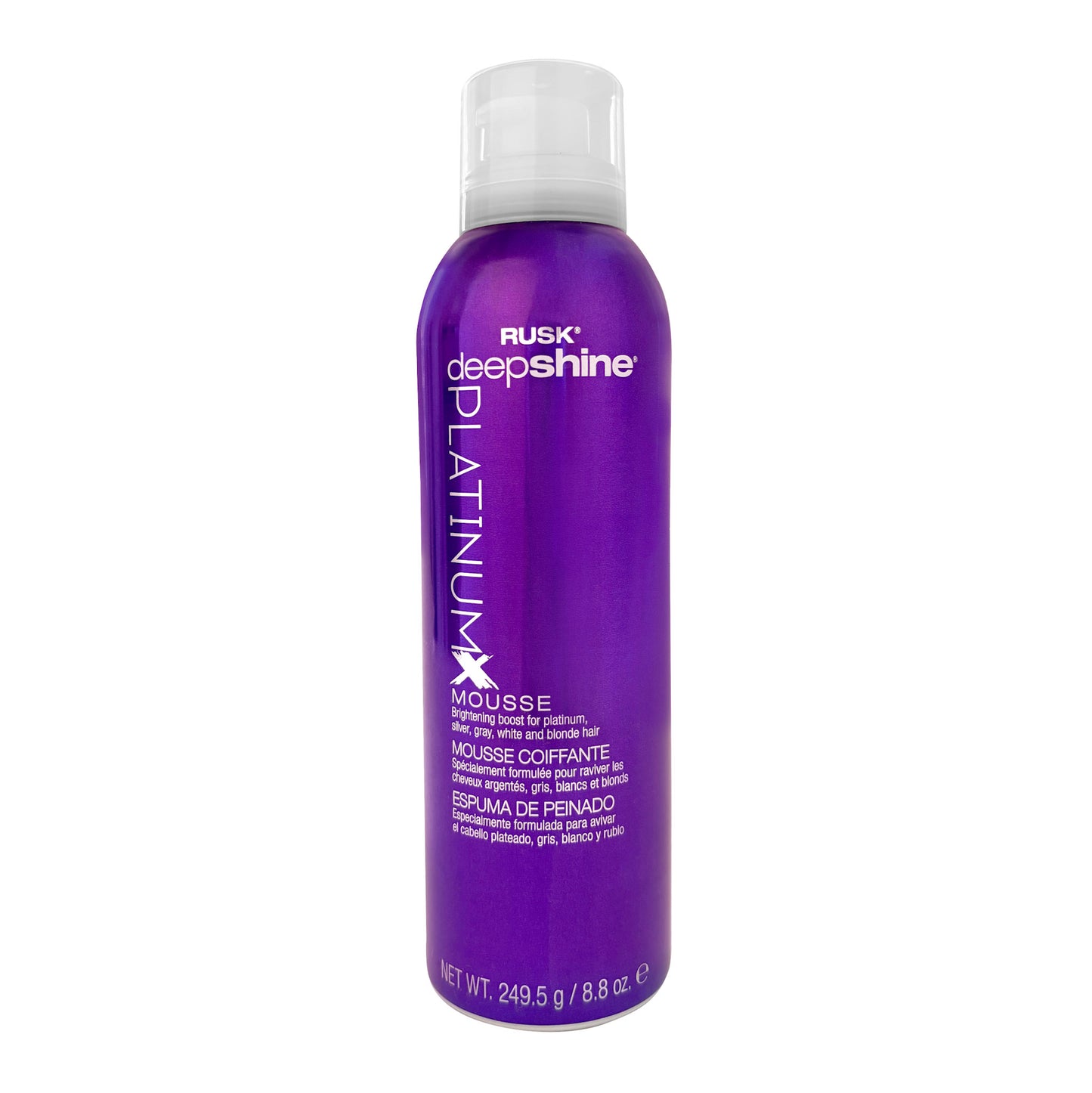 Purple bottle of Rusk deepshine Platinum X Mousse 8.8 OZ on a white background