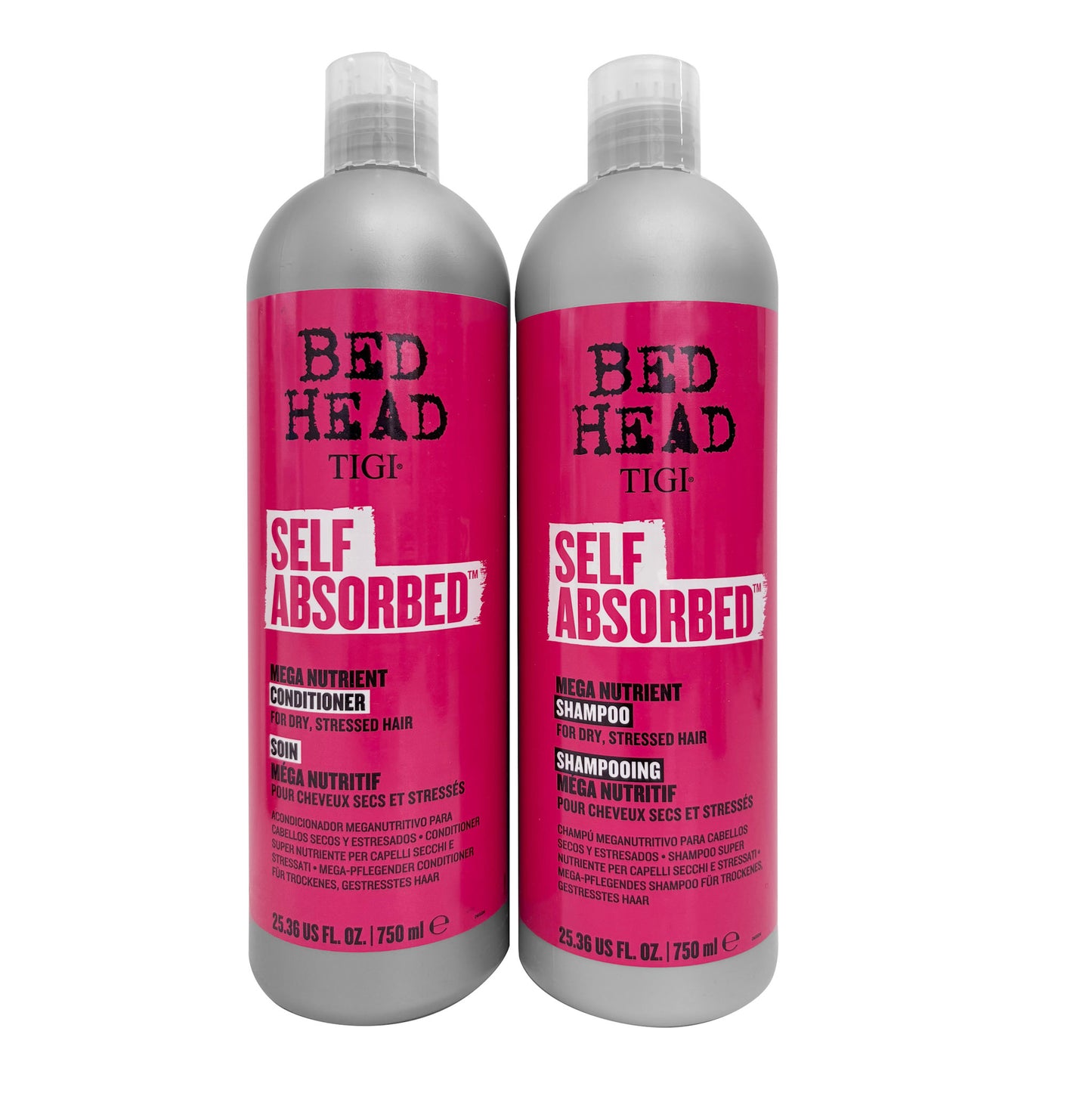 TIGI Bed Head Self Absorbed shampoo and conditioner bottles on a white background