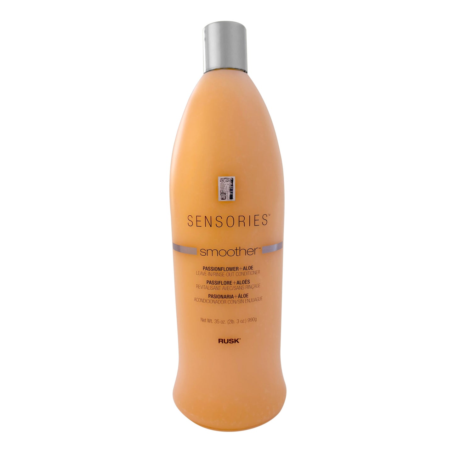 Bottle of Rusk Sensorsies Smoother Passionflower Aloe Leave In Rinse Out Conditioner on a white background