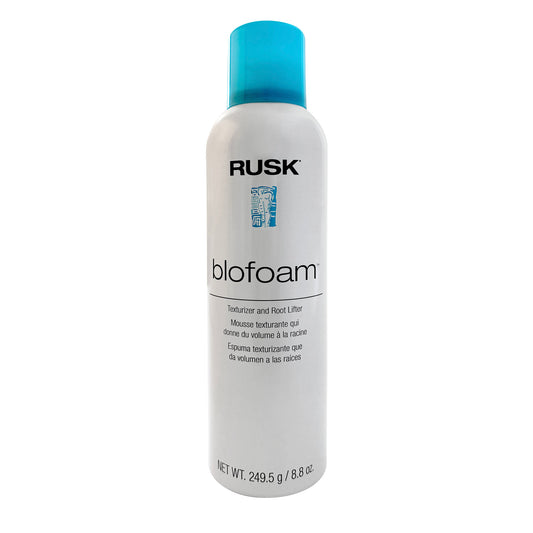 Rusk Blofoam texturizer and root lifter 8.8 OZ bottle with blue cap on a white background