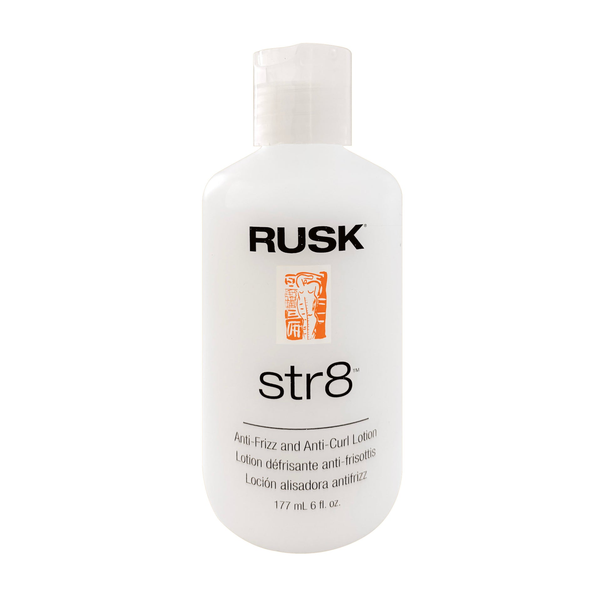 Rusk str8 anti-frizz and anti-curl lotion 6 fl oz bottle on a white background