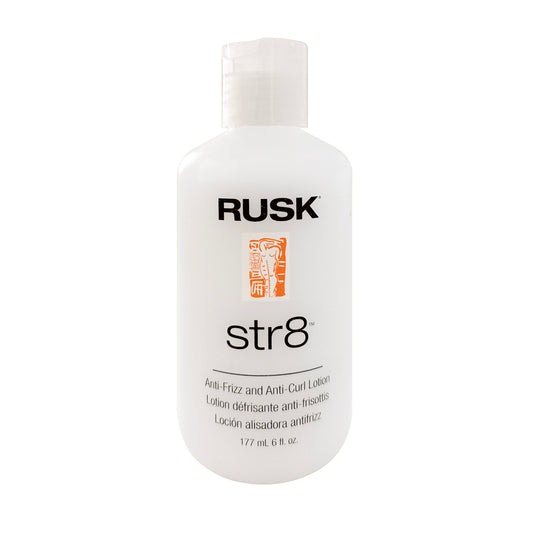 Rusk str8 anti-frizz and anti-curl lotion 6 fl oz bottle on a white background