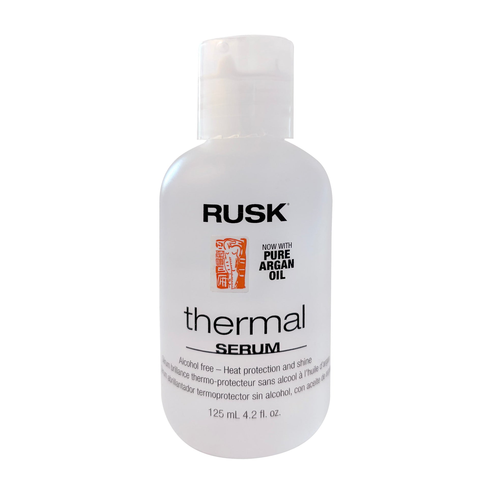 Rusk thermal serum alcohol free - heat protection and shine 4.2 FL OZ bottle on a white background