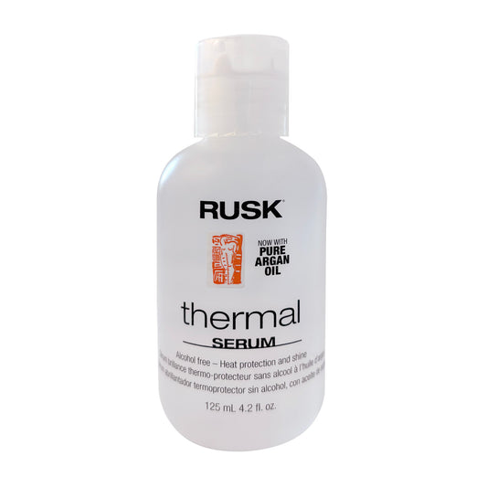 Rusk thermal serum alcohol free - heat protection and shine 4.2 FL OZ bottle on a white background