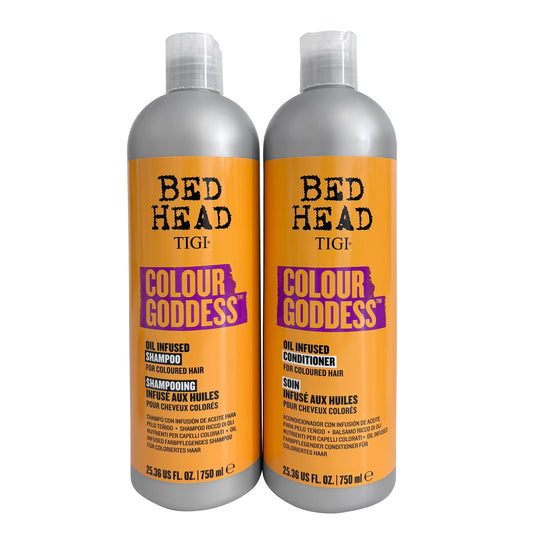 TIGI Bed Head Colour Goddess shampoo and conditioner set on a white background