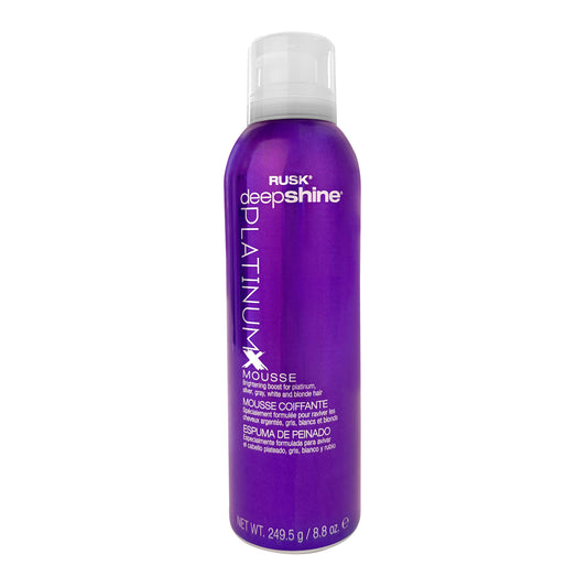 Purple bottle of Rusk deepshine Platinum X Mousse 8.8 OZ on a white background