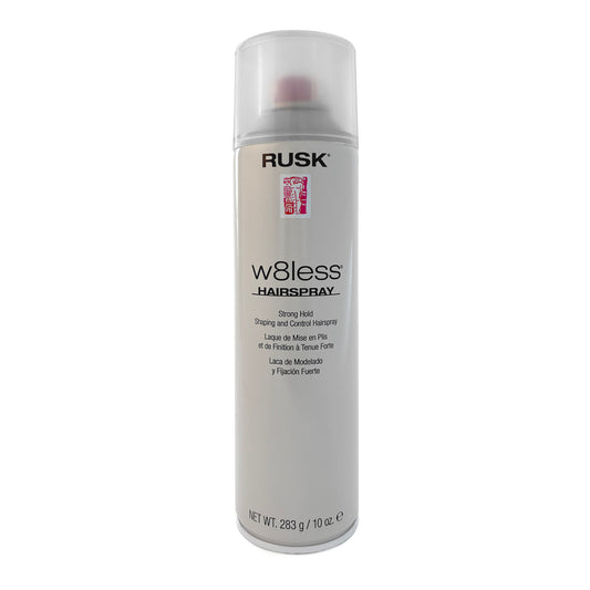 Rusk w8less strong hold shaping and control hairspray 10 OZ can on a white background