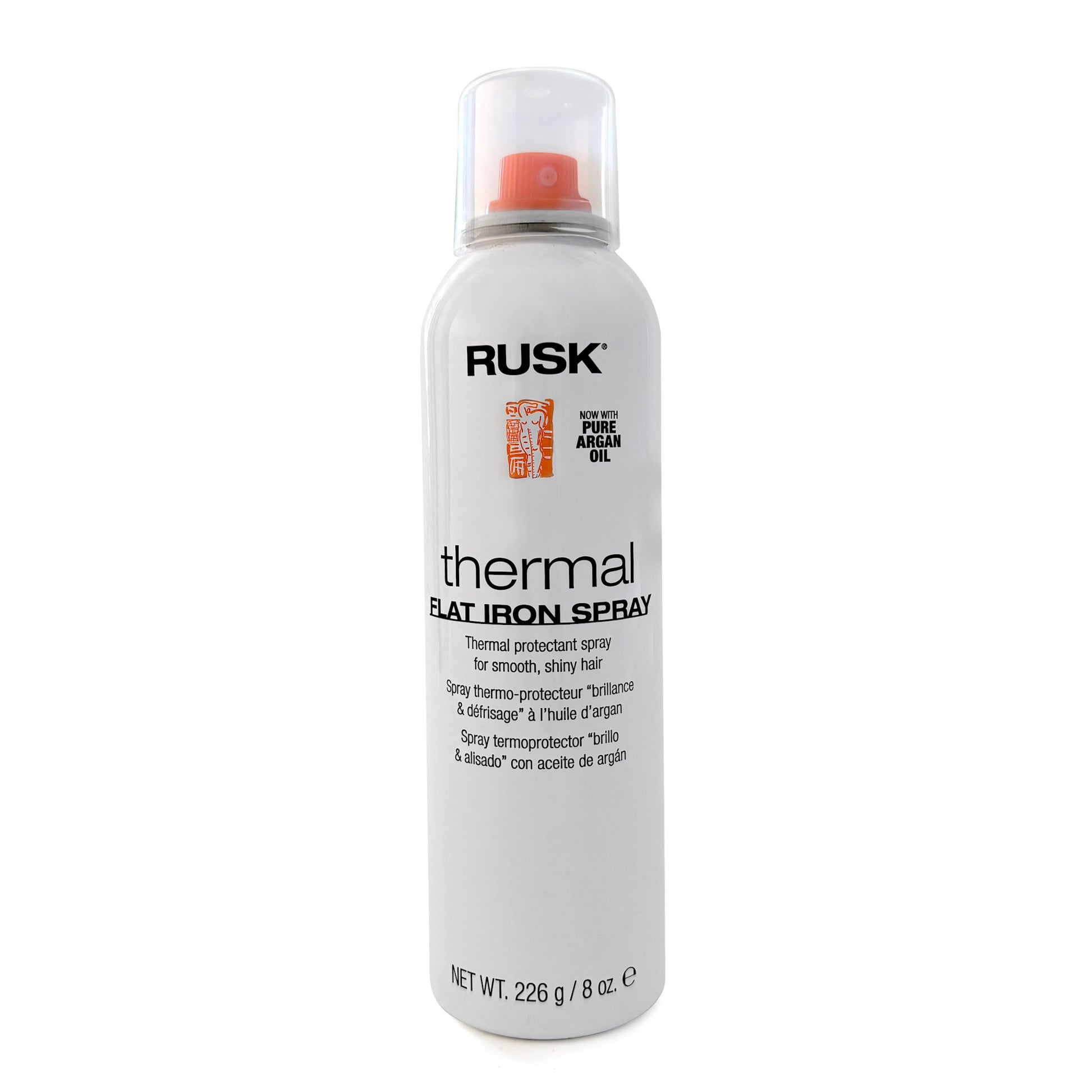 Rusk thermal flat iron spray thermal protection spray for smooth, shiny hair 8 OZ bottle on a white background