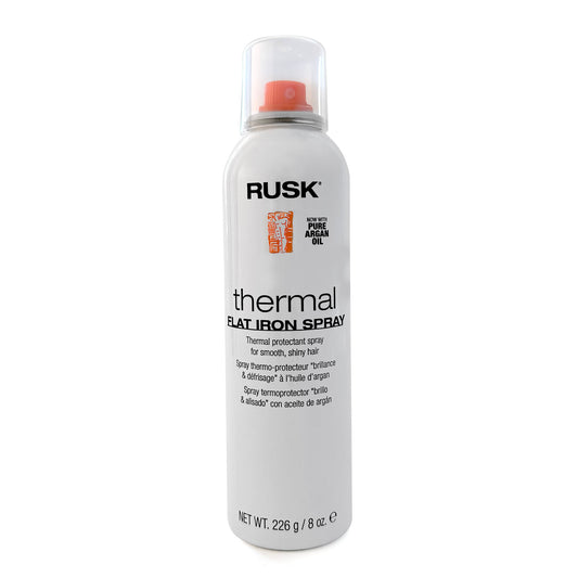 Rusk thermal flat iron spray thermal protection spray for smooth, shiny hair 8 OZ bottle on a white background