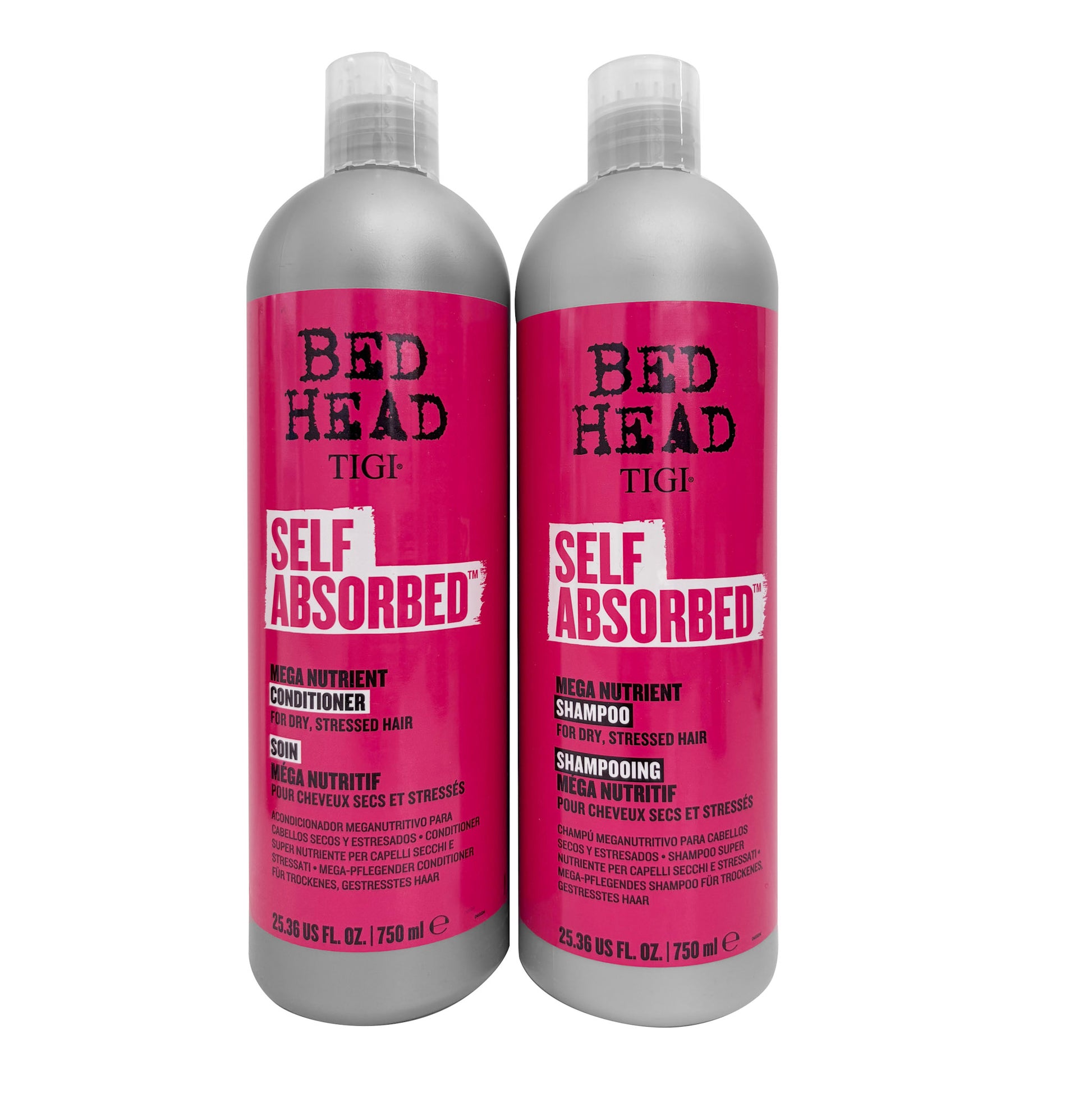 TIGI Bed Head Self Absorbed shampoo and conditioner bottles on a white background