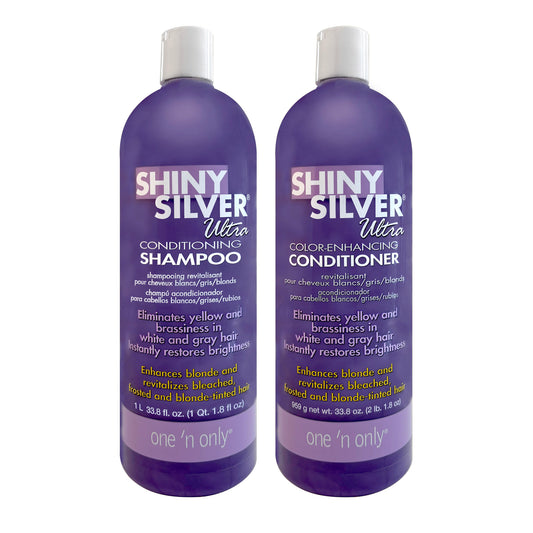 One 'N Only Shiny Silver Ultra Conditioning Shampoo and Color-Enhancing Conditioner set on a white background